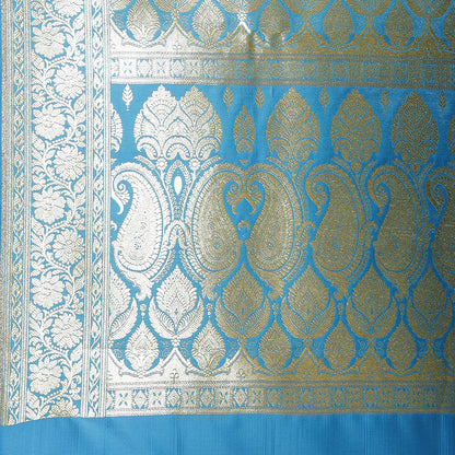 Faishana Presents Turqouise Blue Satin Silk Half Half Mughal Motif Booti With Skirt Border with Blue Blouse