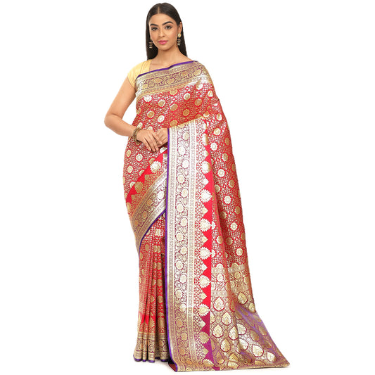 Faishana Presents Pink Satin Silk Mughal Motif Zari Jaal Booti Kadiyal Skirt Border with Blue Blouse Banarasi Saree