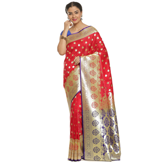 Faishana Presents Red Satin Silk Mughal Motif Booti With Skirt Kadiyal Paithani Blue Pallu & Border and Blue Blouse Banarasi Saree