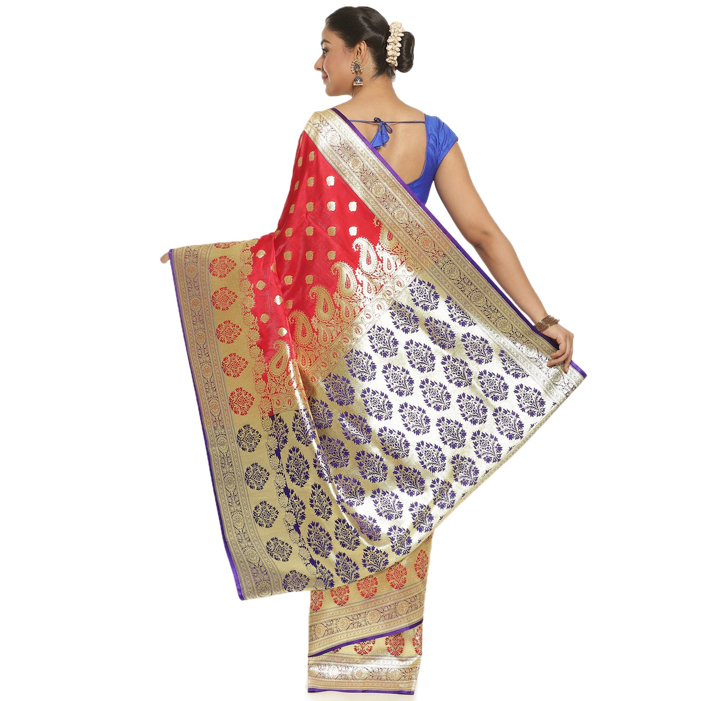 Faishana Presents Red Satin Silk Mughal Motif Booti With Skirt Kadiyal Paithani Blue Pallu & Border and Blue Blouse Banarasi Saree