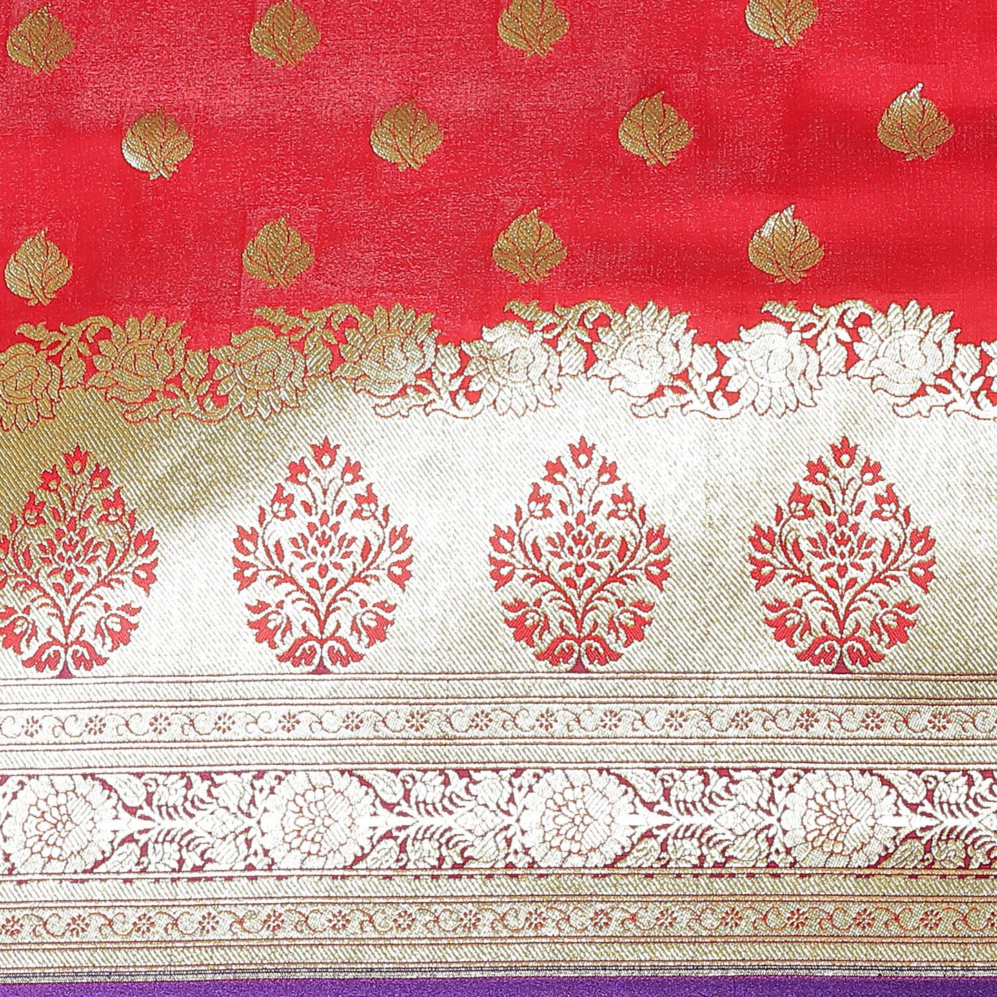 Faishana Presents Red Satin Silk Mughal Motif Booti With Skirt Kadiyal Paithani Blue Pallu & Border and Blue Blouse Banarasi Saree