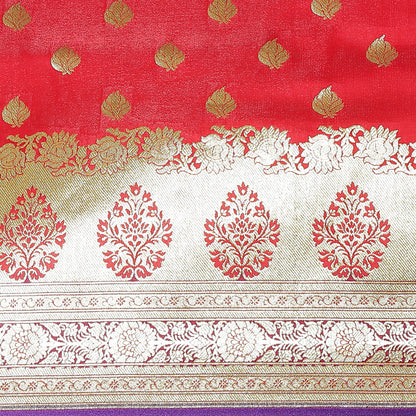 Faishana Presents Red Satin Silk Mughal Motif Booti With Skirt Kadiyal Paithani Blue Pallu & Border and Blue Blouse Banarasi Saree