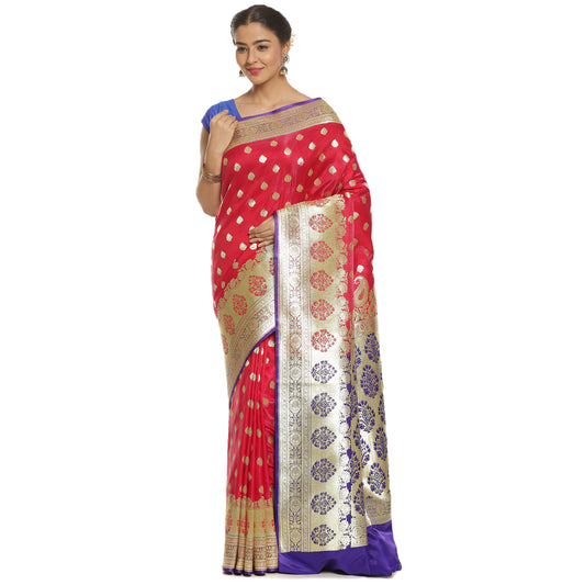 Faishana Presents Strawberry Satin Silk Mughal Motif Booti With Skirt Kadiyal Paithani Blue Pallu & Border and Blue Blouse Banarasi Saree