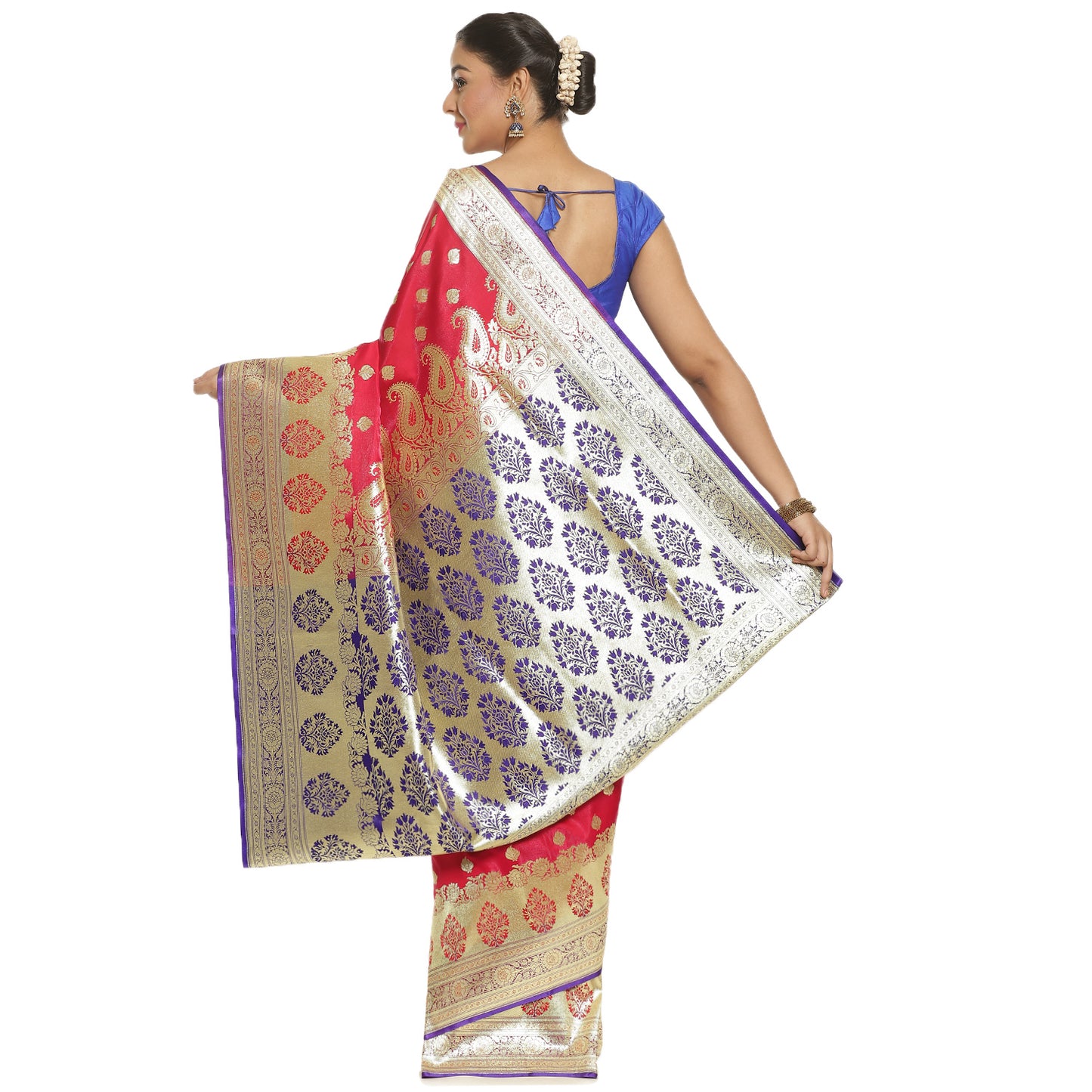 Faishana Presents Strawberry Satin Silk Mughal Motif Booti With Skirt Kadiyal Paithani Blue Pallu & Border and Blue Blouse Banarasi Saree