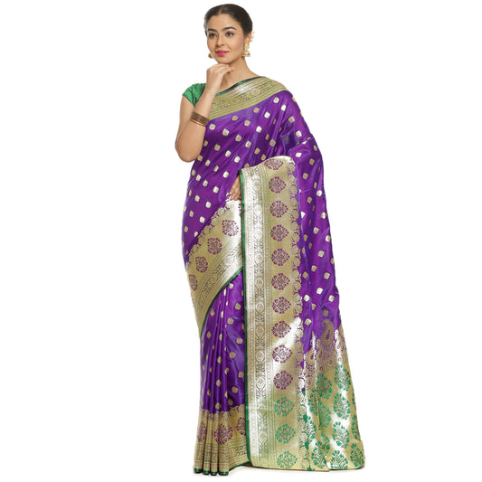 Faishana Presents Purple Satin Silk Mughal Motif Booti With Skirt Kadiyal Paithani Green Pallu & Border and Green Blouse Banarasi Saree