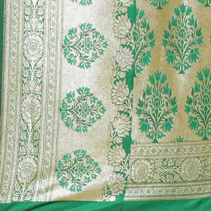 Faishana Presents Purple Satin Silk Mughal Motif Booti With Skirt Kadiyal Paithani Green Pallu & Border and Green Blouse Banarasi Saree