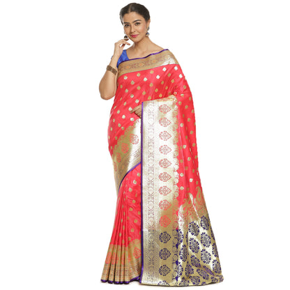 Faishana Presents Peach Satin Silk Mughal Motif Booti With Skirt Kadiyal Paithani Blue Pallu & Border and Blue Blouse Banarasi Saree