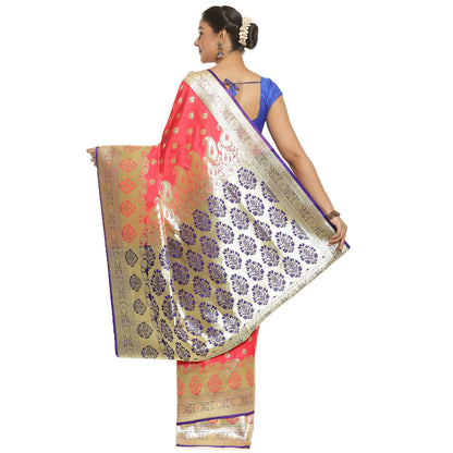 Faishana Presents Peach Satin Silk Mughal Motif Booti With Skirt Kadiyal Paithani Blue Pallu & Border and Blue Blouse Banarasi Saree