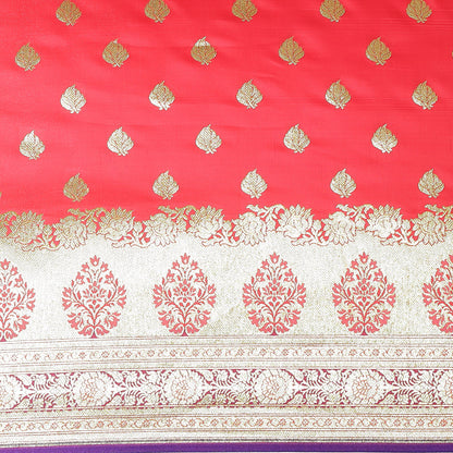 Faishana Presents Peach Satin Silk Mughal Motif Booti With Skirt Kadiyal Paithani Blue Pallu & Border and Blue Blouse Banarasi Saree