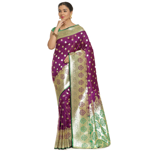 Faishana Presents Dark Purple Satin Silk Mughal Motif Booti With Skirt Kadiyal Paithani Green Pallu & Border and Green Blouse Banarasi Saree