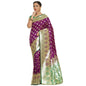 Faishana Presents Dark Purple Satin Silk Mughal Motif Booti With Skirt Kadiyal Paithani Green Pallu & Border and Green Blouse Banarasi Saree