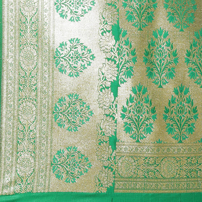 Faishana Presents Dark Purple Satin Silk Mughal Motif Booti With Skirt Kadiyal Paithani Green Pallu & Border and Green Blouse Banarasi Saree