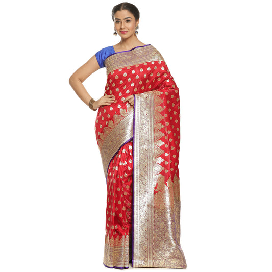 Faishana Presents Red Booti Mughal Motif Satin Silk Banarasi Saree Kadiyal Blue Borde