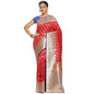 Faishana Presents Red Booti Mughal Motif Satin Silk Banarasi Saree Kadiyal Blue Borde