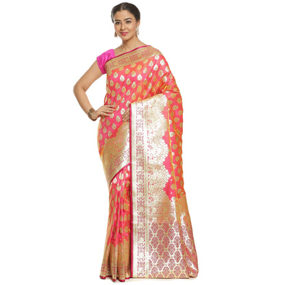 Faishana Presents Pink Booti Mughal Motif Banarasi Satin Silk Saree Kadiyal Skirt Pink Borde