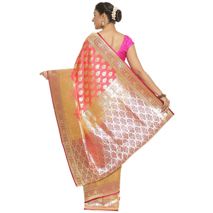 Faishana Presents Pink Booti Mughal Motif Banarasi Satin Silk Saree Kadiyal Skirt Pink Borde