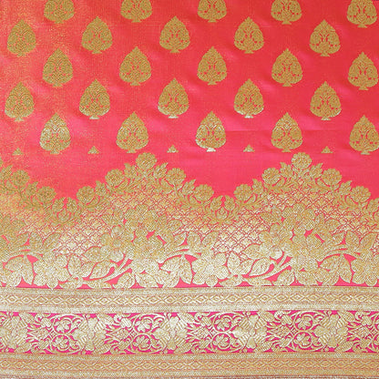 Faishana Presents Pink Booti Mughal Motif Banarasi Satin Silk Saree Kadiyal Skirt Pink Borde