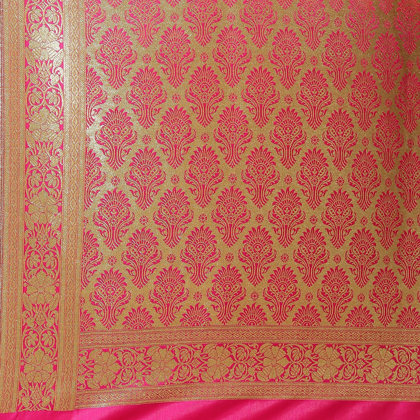 Faishana Presents Pink Booti Mughal Motif Banarasi Satin Silk Saree Kadiyal Skirt Pink Borde