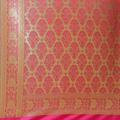 Faishana Presents Pink Booti Mughal Motif Banarasi Satin Silk Saree Kadiyal Skirt Pink Borde