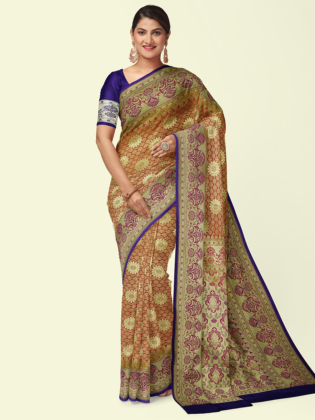 Faishana Presents Red Satin Silk Mughal Motif Zari Jaal Boota with Contrast Blue Blouse Banarasi Saree