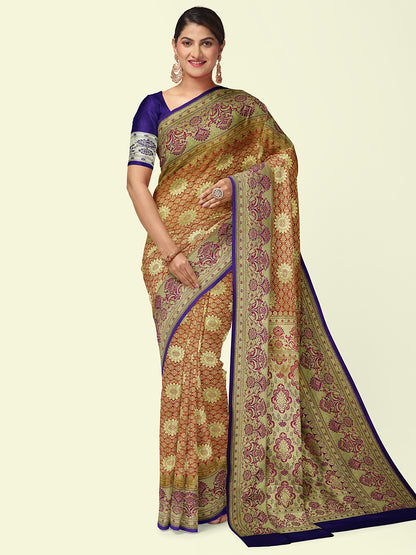 Faishana Presents Red Satin Silk Mughal Motif Zari Jaal Boota with Contrast Blue Blouse Banarasi Saree