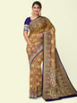 Faishana Presents Red Satin Silk Mughal Motif Zari Jaal Boota with Contrast Blue Blouse Banarasi Saree