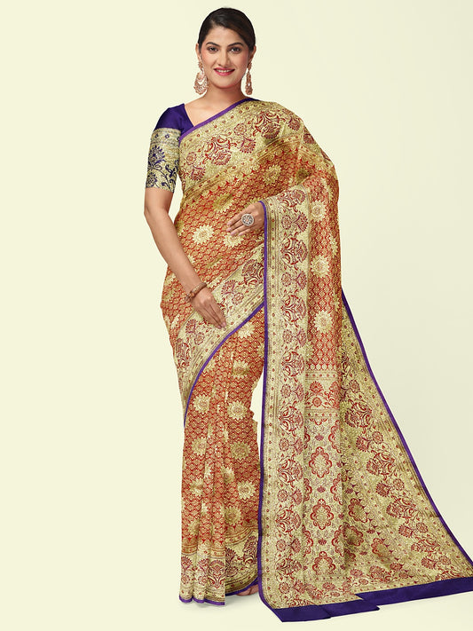 Faishana Presents Orange Satin Silk Mughal Motif Zari Boota Jaal with Contrast Blue Blouse Banarasi Saree