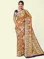 Faishana Presents Orange Satin Silk Mughal Motif Zari Boota Jaal with Contrast Blue Blouse Banarasi Saree