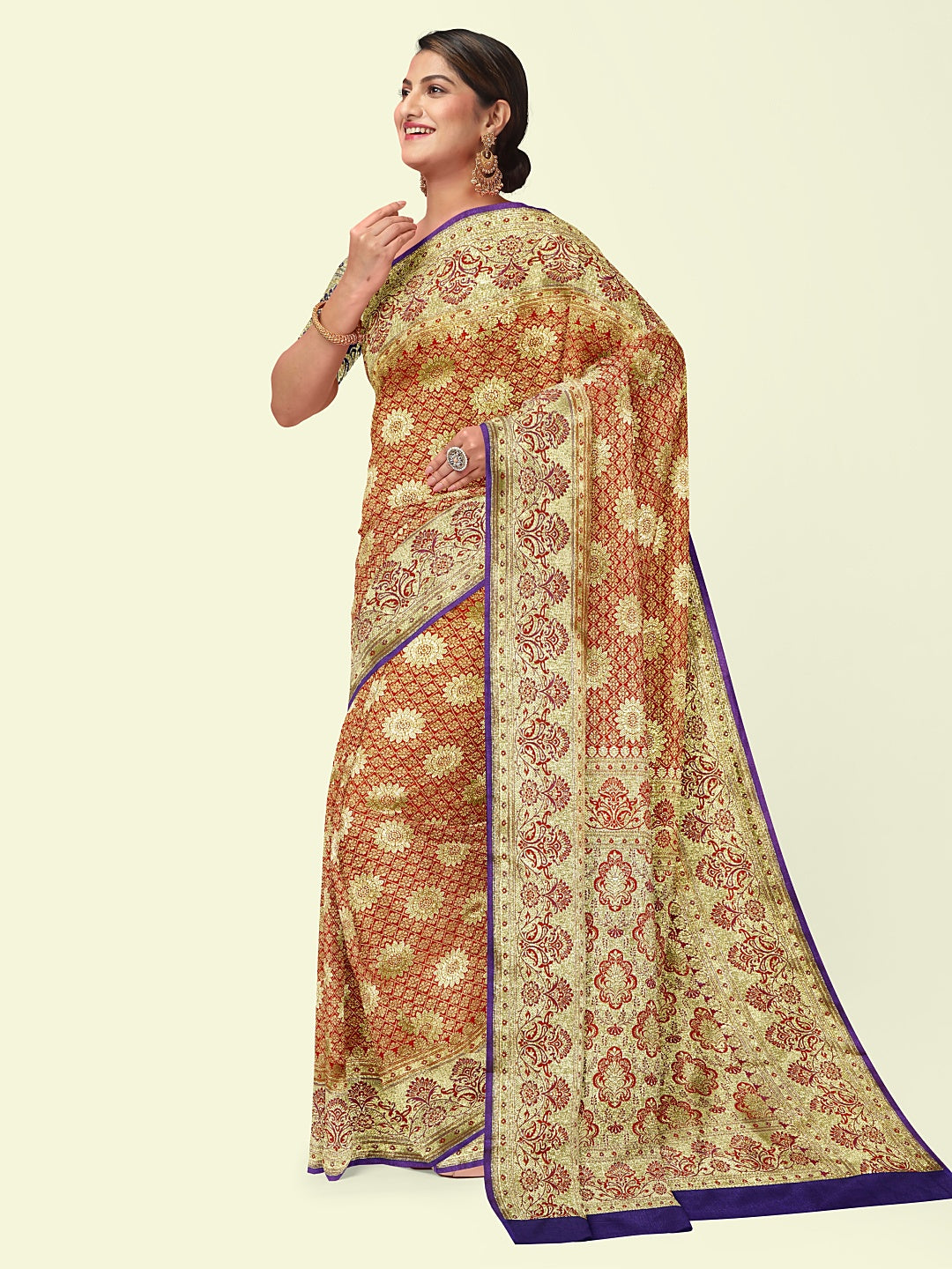 Faishana Presents Orange Satin Silk Mughal Motif Zari Boota Jaal with Contrast Blue Blouse Banarasi Saree