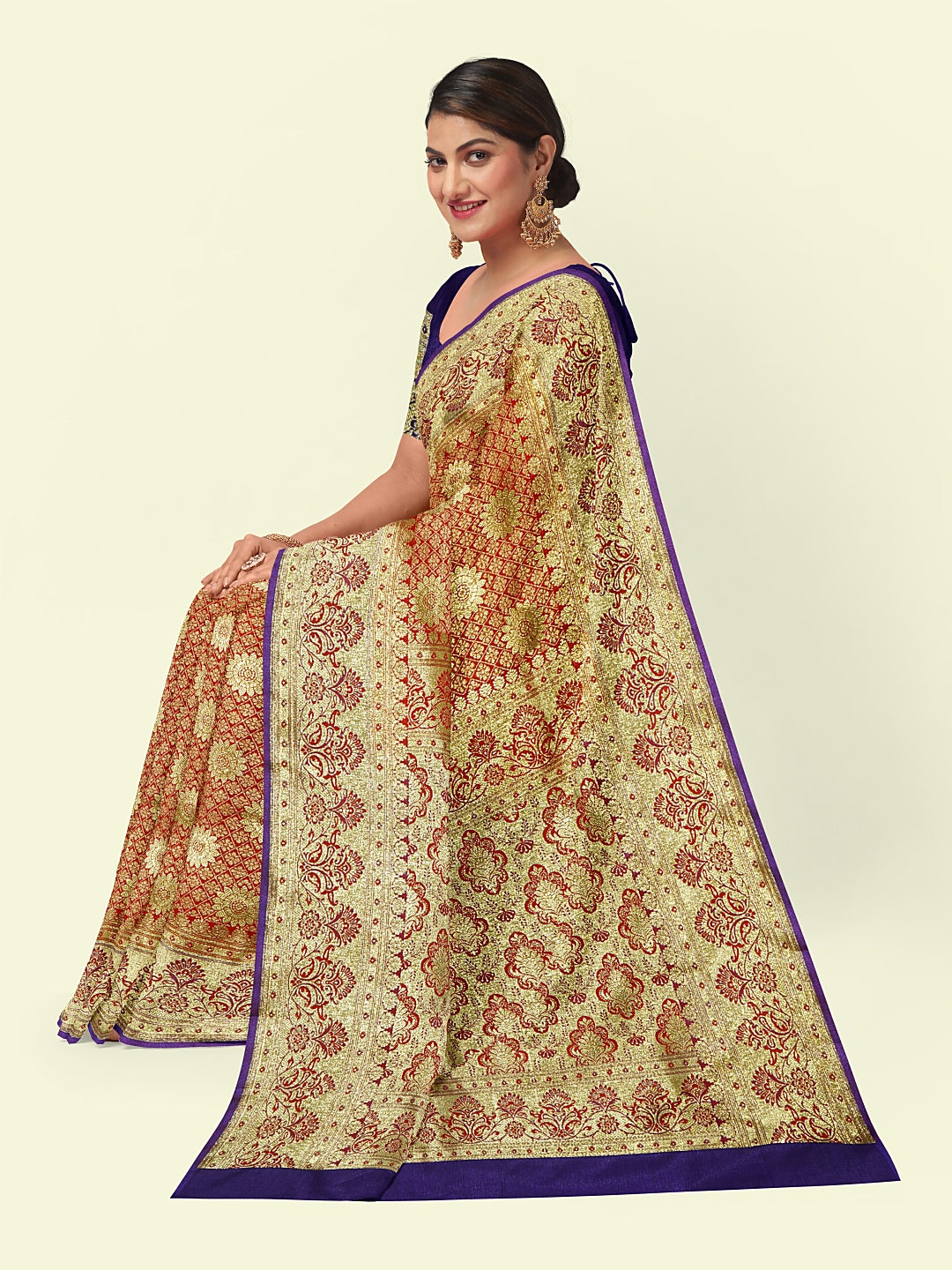 Faishana Presents Orange Satin Silk Mughal Motif Zari Boota Jaal with Contrast Blue Blouse Banarasi Saree