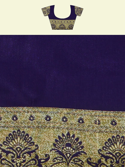 Faishana Presents Orange Satin Silk Mughal Motif Zari Boota Jaal with Contrast Blue Blouse Banarasi Saree