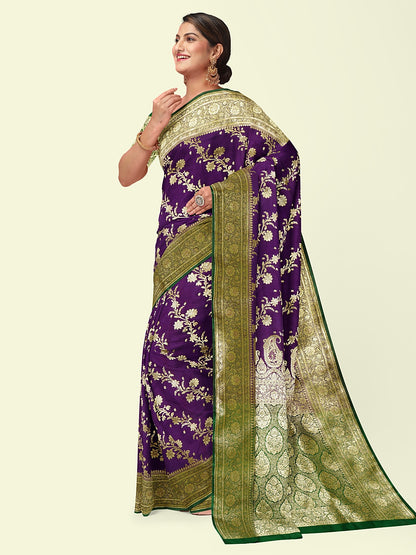 Faishana Presents Purple Satin Silk Diagonal Zari Jaal Kadiyal Green Border & Pallu With Green Blouse Banarasi Saree