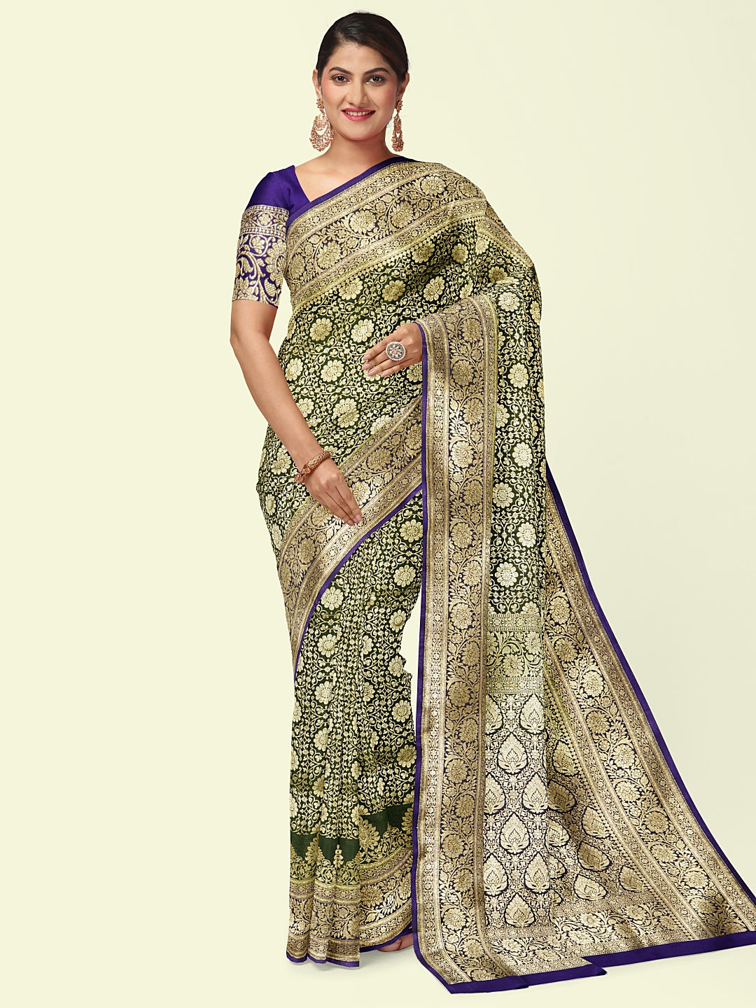 Faishana Presents Green Satin Silk Gold Zari Booti Mughal Motif Jaal Kadiyal Pallu With Blue Blouse Banarasi Saree