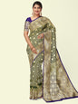 Faishana Presents Green Satin Silk Gold Zari Booti Mughal Motif Jaal Kadiyal Pallu With Blue Blouse Banarasi Saree