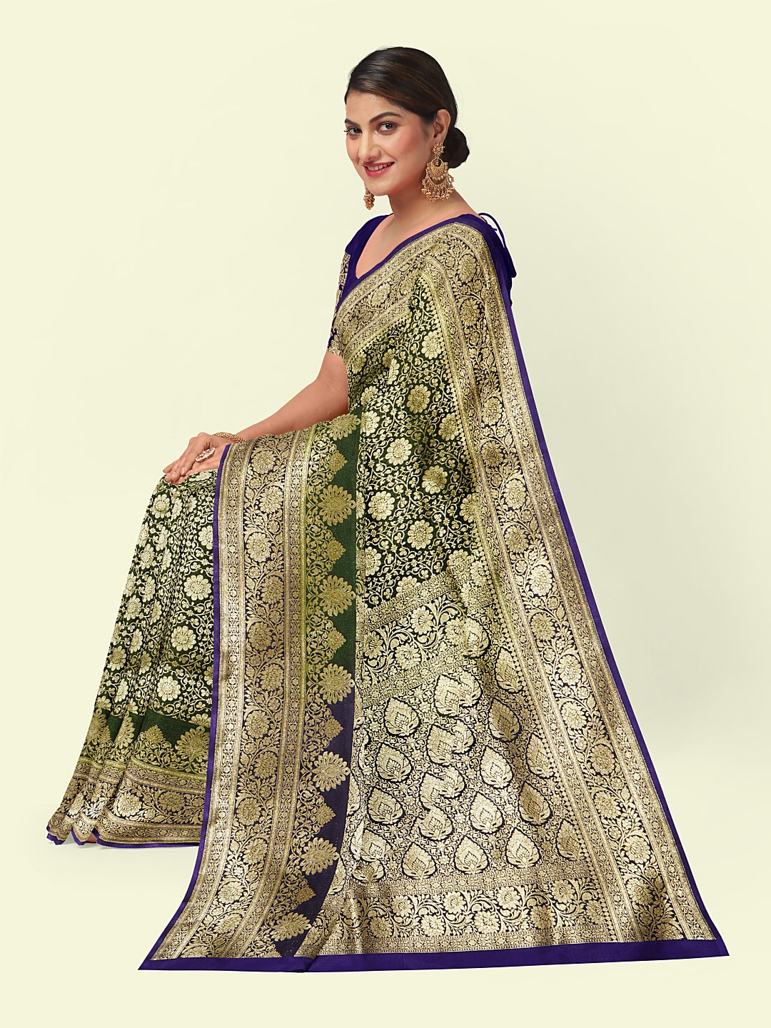 Faishana Presents Green Satin Silk Gold Zari Booti Mughal Motif Jaal Kadiyal Pallu With Blue Blouse Banarasi Saree