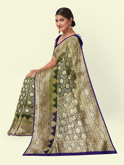 Faishana Presents Green Satin Silk Gold Zari Booti Mughal Motif Jaal Kadiyal Pallu With Blue Blouse Banarasi Saree