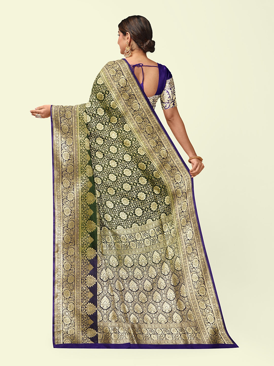 Faishana Presents Green Satin Silk Gold Zari Booti Mughal Motif Jaal Kadiyal Pallu With Blue Blouse Banarasi Saree