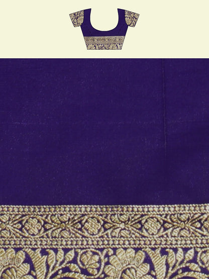 Faishana Presents Green Satin Silk Gold Zari Booti Mughal Motif Jaal Kadiyal Pallu With Blue Blouse Banarasi Saree