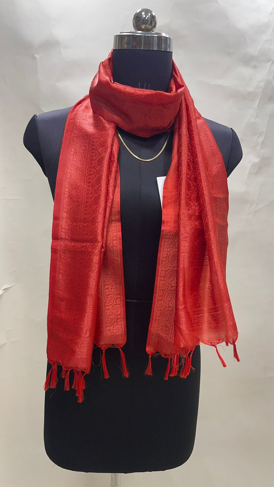 Faishana Presents Red Banarasi Silk Stole with Carry Booti Resham Tassels