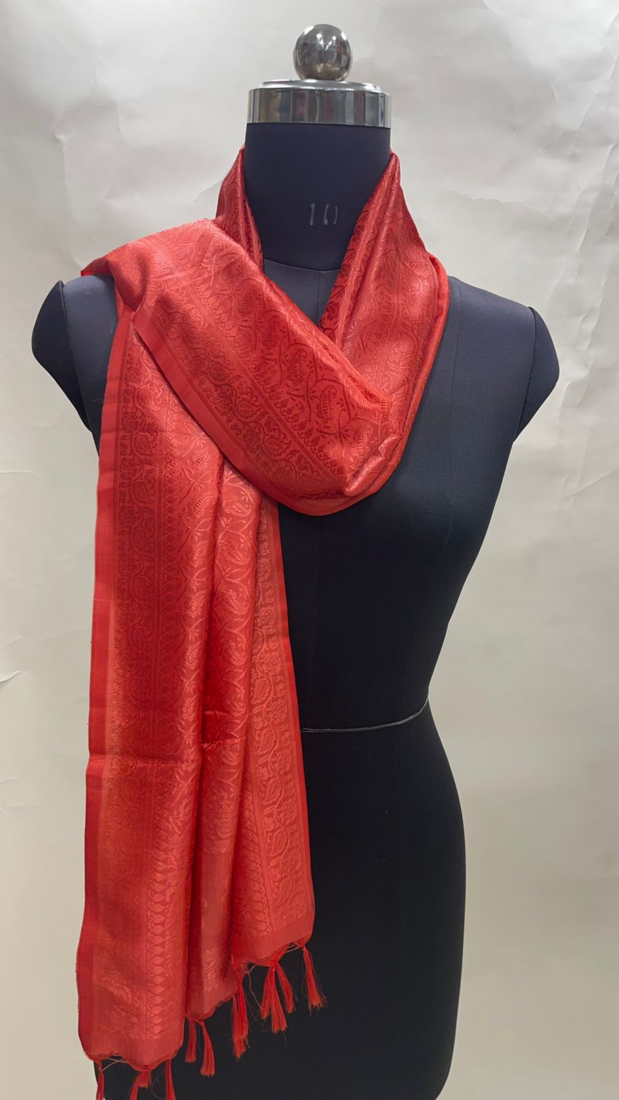 Faishana Presents Red Banarasi Silk Stole with Carry Booti Resham Tassels