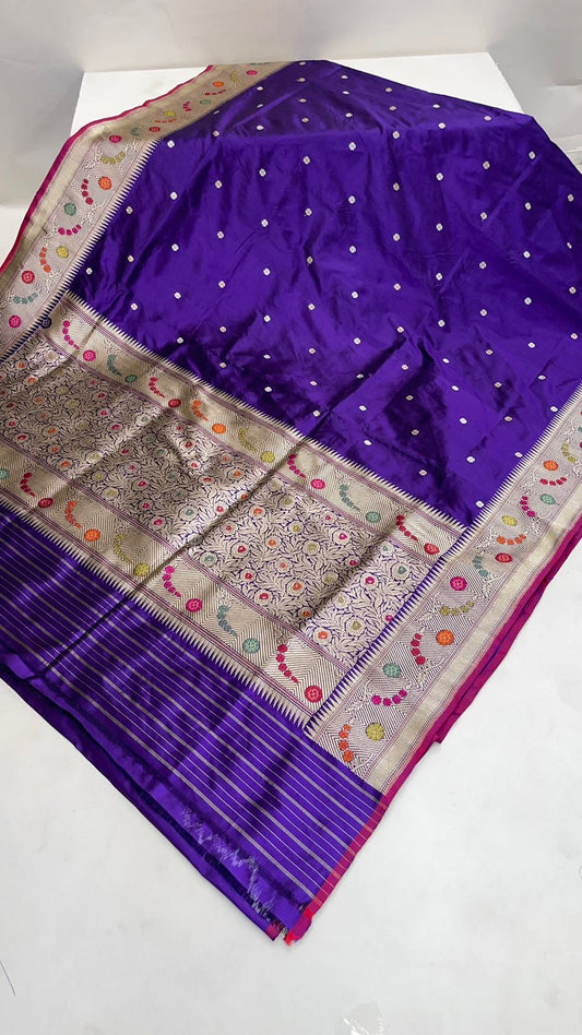 Faishana Pure Silk Handloom Katan Silk Purple Bel Booti Tilfi Mina Golden Kadhwa Zari Mina Border Saree & Purple Stripe Blouse