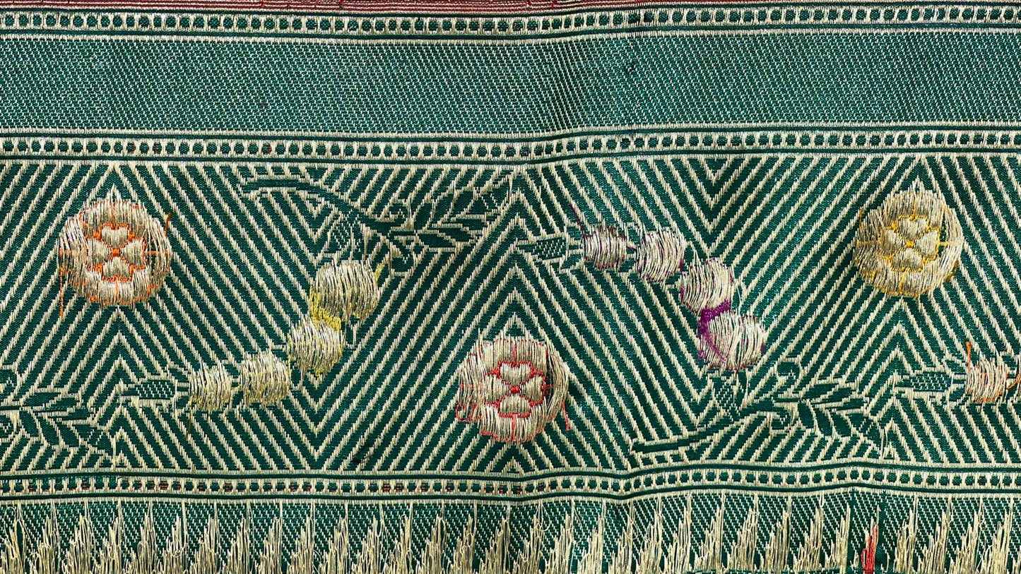Faishana Pure Handloom Dark Green Tilfi Mina Golden Silver Booti Kadhwa Katan Silk Saree Golden Stripe Blouse