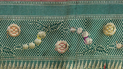 Faishana Pure Handloom Dark Green Tilfi Mina Golden Silver Booti Kadhwa Katan Silk Saree Golden Stripe Blouse