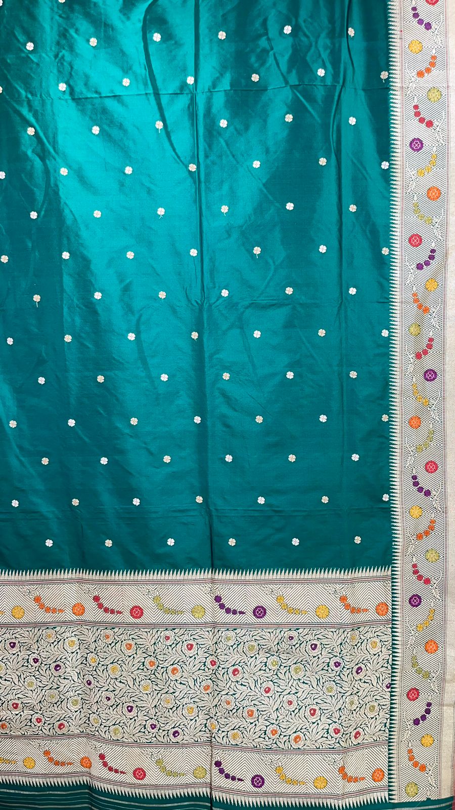 Faishana Pure Handloom Dark Green Tilfi Mina Golden Silver Booti Kadhwa Katan Silk Saree Golden Stripe Blouse