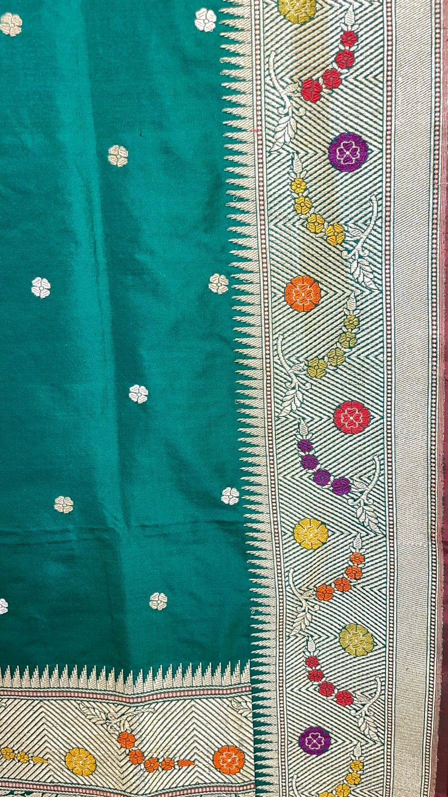 Faishana Pure Handloom Dark Green Tilfi Mina Golden Silver Booti Kadhwa Katan Silk Saree Golden Stripe Blouse