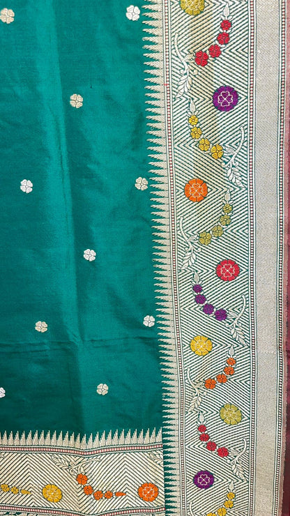 Faishana Pure Handloom Dark Green Tilfi Mina Golden Silver Booti Kadhwa Katan Silk Saree Golden Stripe Blouse