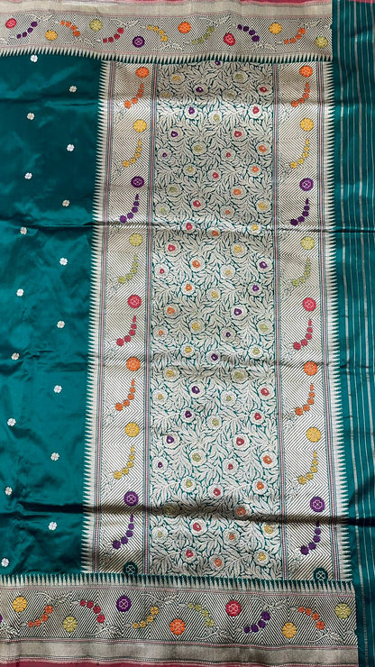 Faishana Pure Handloom Dark Green Tilfi Mina Golden Silver Booti Kadhwa Katan Silk Saree Golden Stripe Blouse
