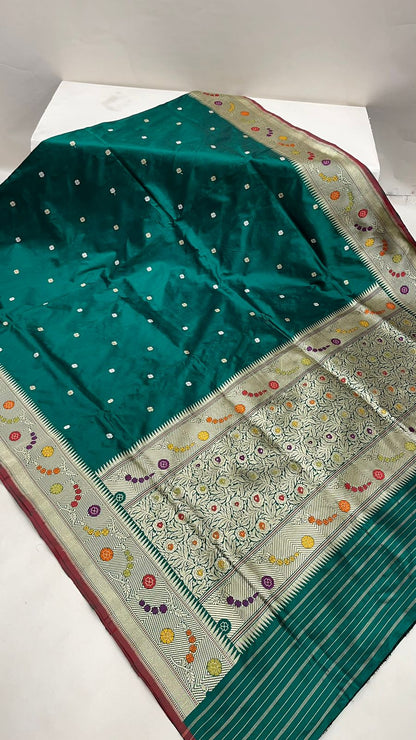 Faishana Pure Handloom Dark Green Tilfi Mina Golden Silver Booti Kadhwa Katan Silk Saree Golden Stripe Blouse