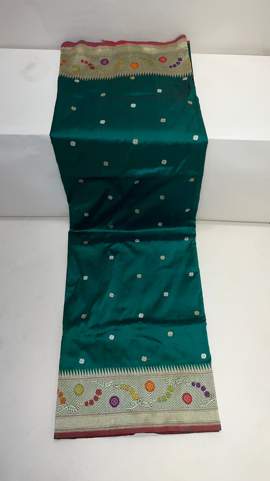 Faishana Pure Handloom Dark Green Tilfi Mina Golden Silver Booti Kadhwa Katan Silk Saree Golden Stripe Blouse