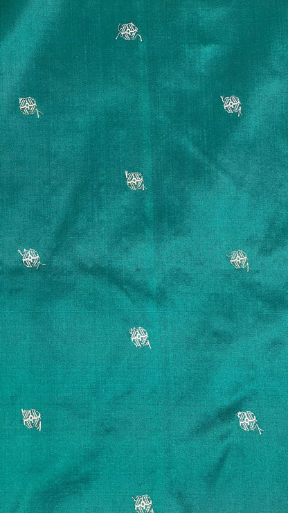 Faishana Pure Handloom Dark Green Tilfi Mina Golden Silver Booti Kadhwa Katan Silk Saree Golden Stripe Blouse